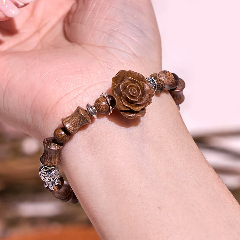 Hand-Carved Sandalwood Bamboo & Camellia Copper Accent Healing Bead Bracelet