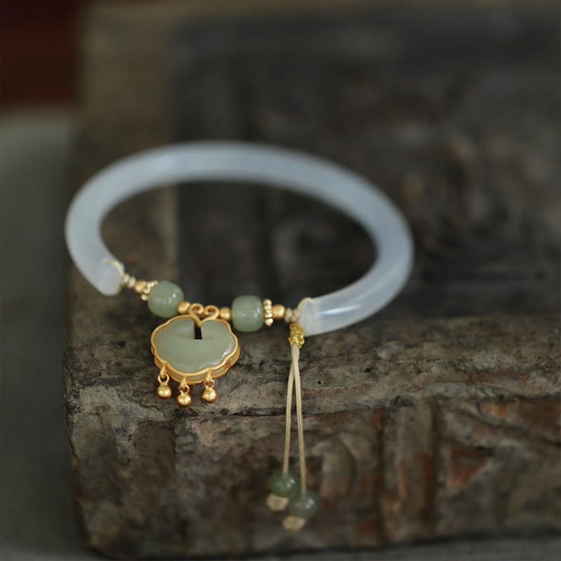 Chalcedony Hetian Jade 925 Sterling Silver Auspicious Cloud Ruyi Lock Harmony Cuff Half Bracelet Bangle