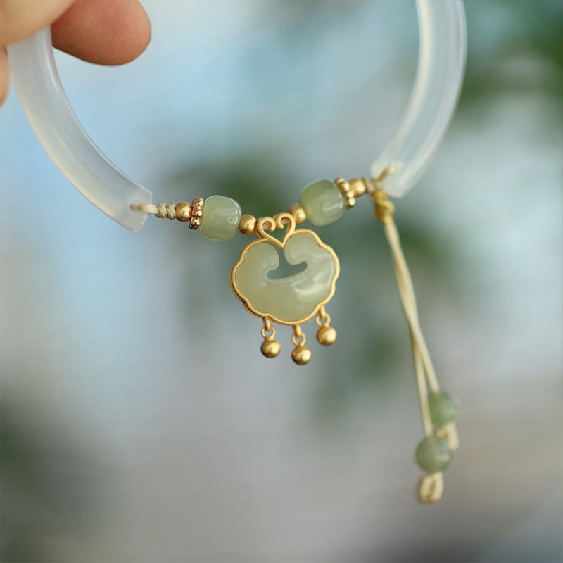 Chalcedony Hetian Jade 925 Sterling Silver Auspicious Cloud Ruyi Lock Harmony Cuff Half Bracelet Bangle