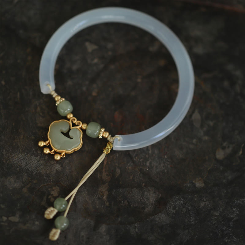 Chalcedony Hetian Jade 925 Sterling Silver Auspicious Cloud Ruyi Lock Harmony Cuff Half Bracelet Bangle