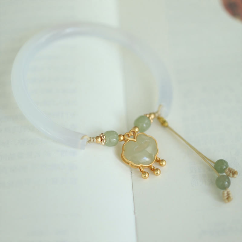 Chalcedony Hetian Jade 925 Sterling Silver Auspicious Cloud Ruyi Lock Harmony Cuff Half Bracelet Bangle