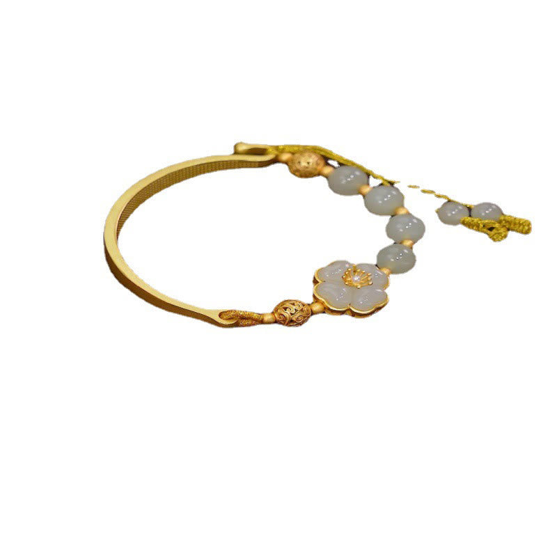 Minimalist Hetian Jade Flower 925 Sterling Silver Adjustable Cuff Bangle Bracelet