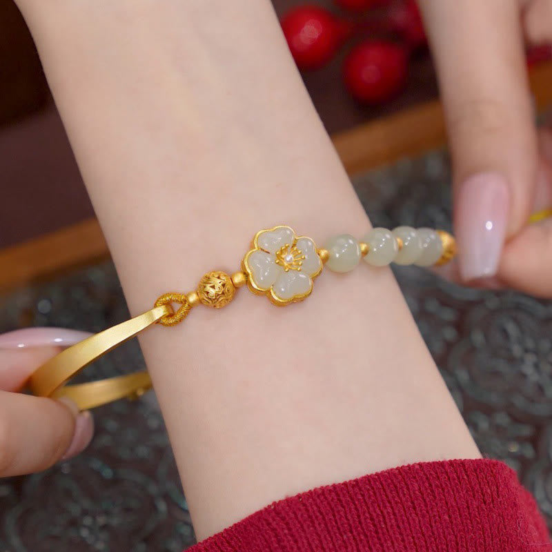 Minimalist Hetian Jade Flower 925 Sterling Silver Adjustable Cuff Bangle Bracelet