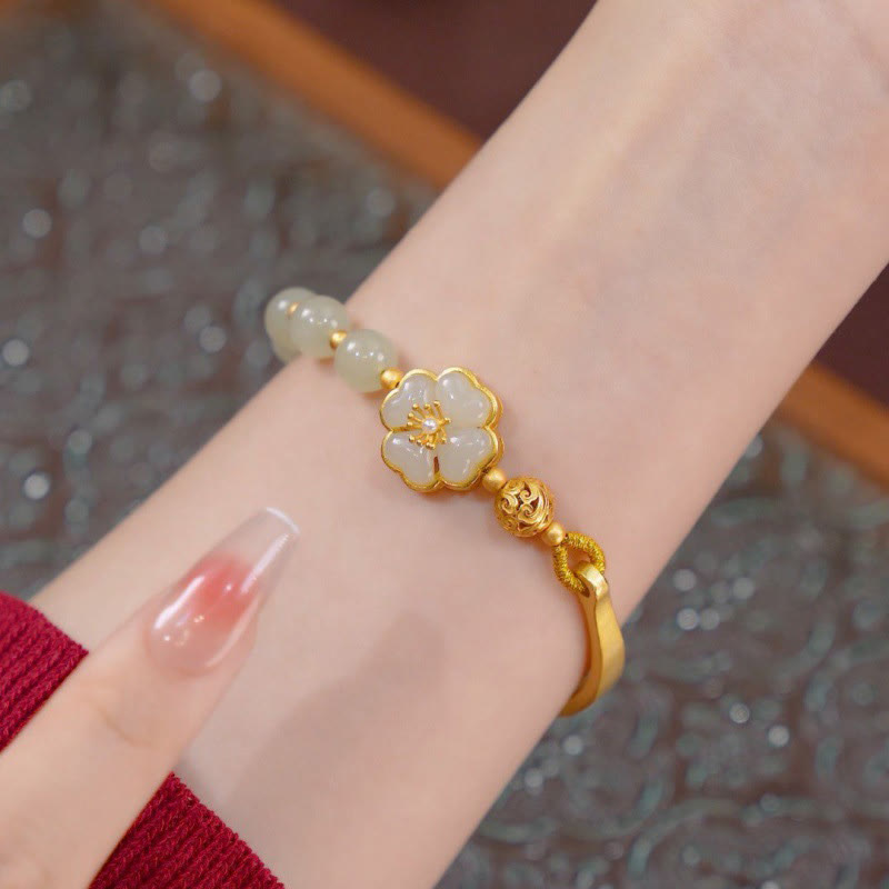 Minimalist Hetian Jade Flower 925 Sterling Silver Adjustable Cuff Bangle Bracelet