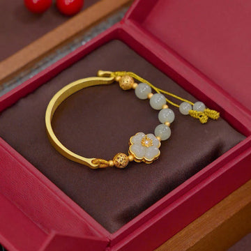 Minimalist Hetian Jade Flower 925 Sterling Silver Adjustable Cuff Bangle Bracelet
