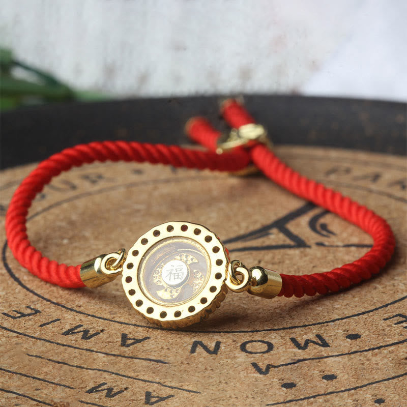 Rotatable Brass & Copper Windmill Fu Symbol Braided Red String Bracelet