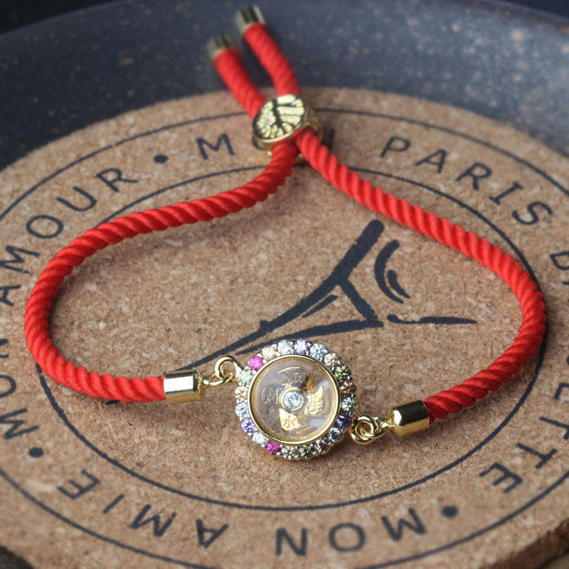 Rotatable Brass & Copper Windmill Fu Symbol Braided Red String Bracelet