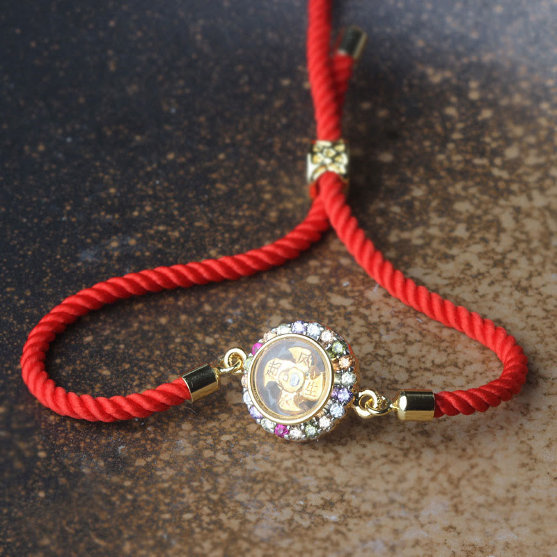 Rotatable Brass & Copper Windmill Fu Symbol Braided Red String Bracelet