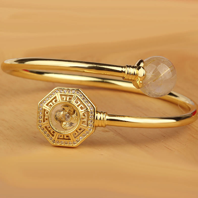 Rutilated Quartz Copper Brass Rotatable Windmill Feng Sheng Shui Qi Courage Bracelet Bangle