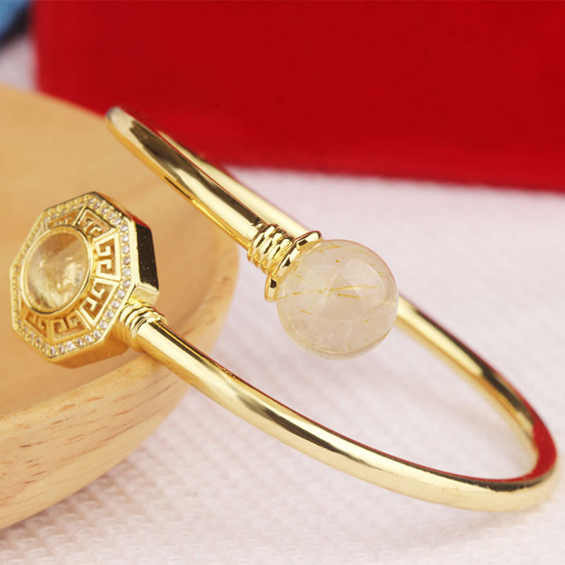 Rutilated Quartz Copper Brass Rotatable Windmill Feng Sheng Shui Qi Courage Bracelet Bangle
