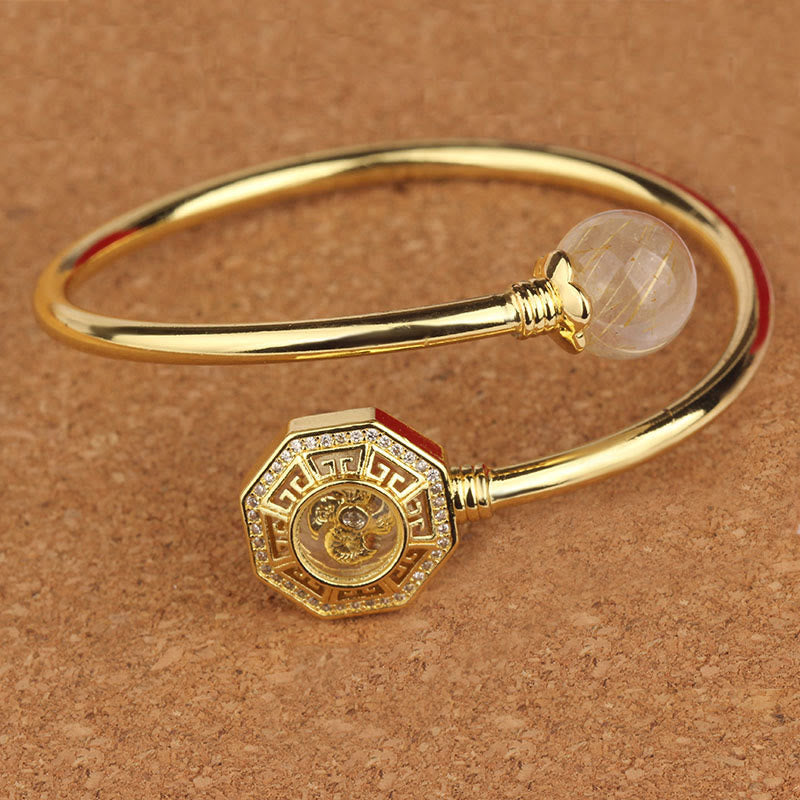Rutilated Quartz Copper Brass Rotatable Windmill Feng Sheng Shui Qi Courage Bracelet Bangle