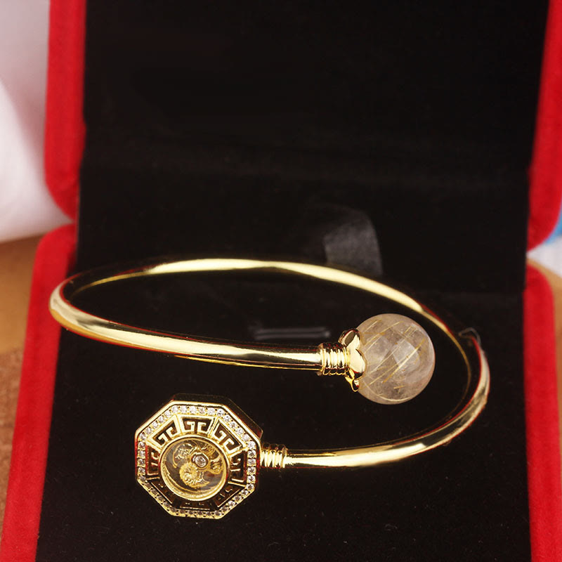 Rutilated Quartz Copper Brass Rotatable Windmill Feng Sheng Shui Qi Courage Bracelet Bangle