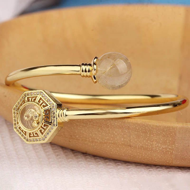 Rutilated Quartz Copper Brass Rotatable Windmill Feng Sheng Shui Qi Courage Bracelet Bangle