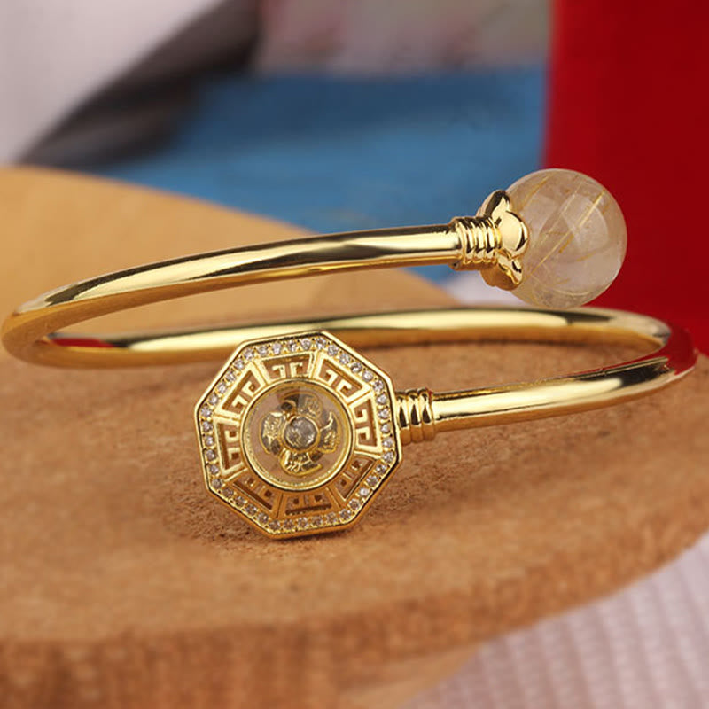 Rutilated Quartz Copper Brass Rotatable Windmill Feng Sheng Shui Qi Courage Bracelet Bangle
