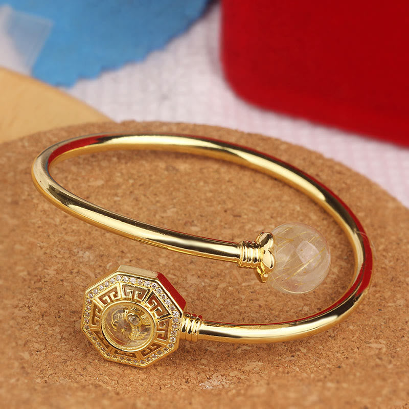 Rutilated Quartz Copper Brass Rotatable Windmill Feng Sheng Shui Qi Courage Bracelet Bangle