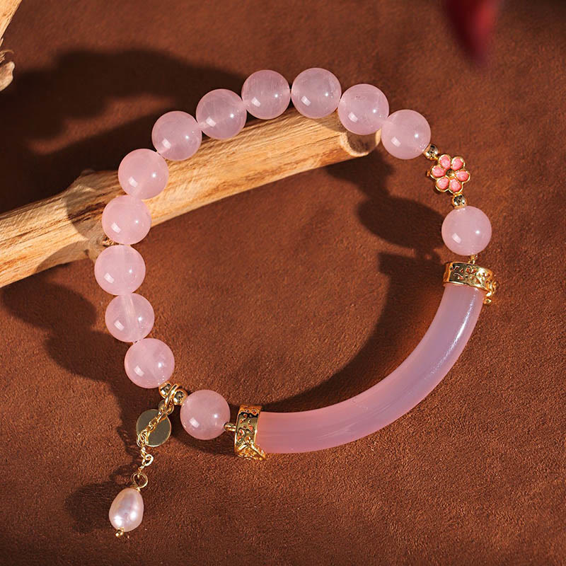 Rose Quartz & Blue Chalcedony Pearl Gemstone Bar Minimalist Cuff Bangle Bracelet