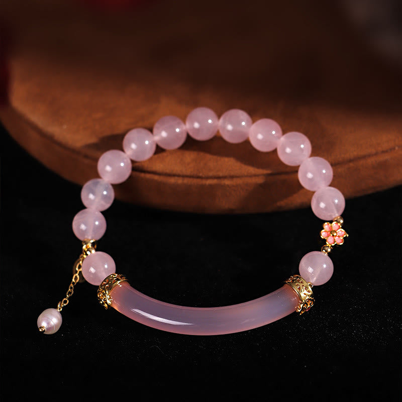Rose Quartz & Blue Chalcedony Pearl Gemstone Bar Minimalist Cuff Bangle Bracelet