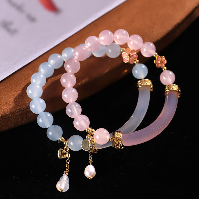 Rose Quartz & Blue Chalcedony Pearl Gemstone Bar Minimalist Cuff Bangle Bracelet