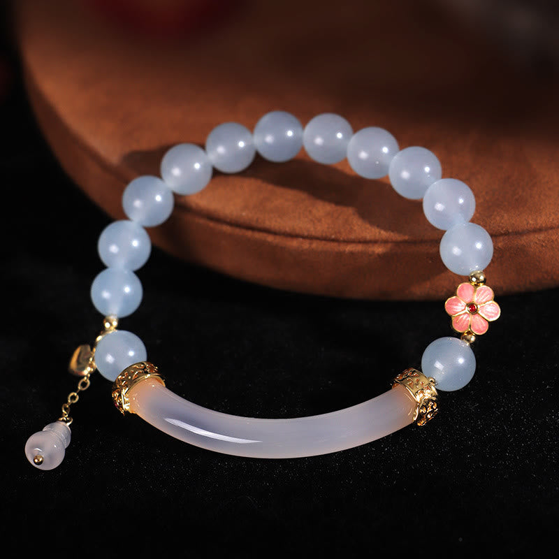 Rose Quartz & Blue Chalcedony Pearl Gemstone Bar Minimalist Cuff Bangle Bracelet