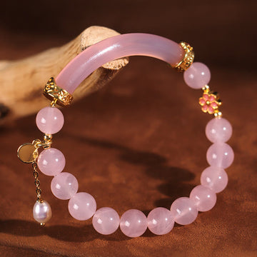 Rose Quartz & Blue Chalcedony Pearl Gemstone Bar Minimalist Cuff Bangle Bracelet