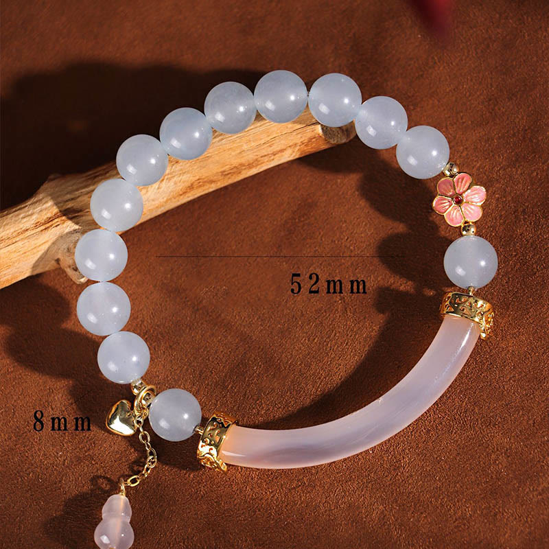Rose Quartz & Blue Chalcedony Pearl Gemstone Bar Minimalist Cuff Bangle Bracelet