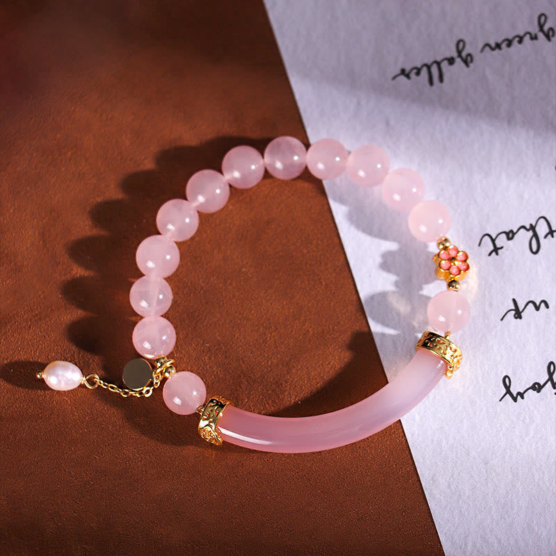Rose Quartz & Blue Chalcedony Pearl Gemstone Bar Minimalist Cuff Bangle Bracelet