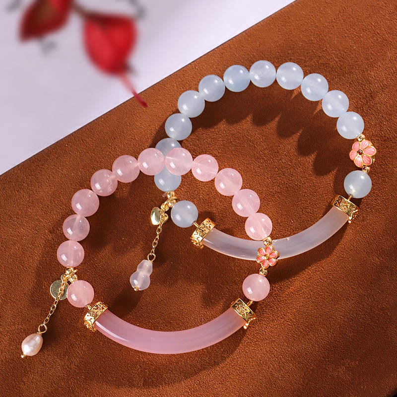 Rose Quartz & Blue Chalcedony Pearl Gemstone Bar Minimalist Cuff Bangle Bracelet
