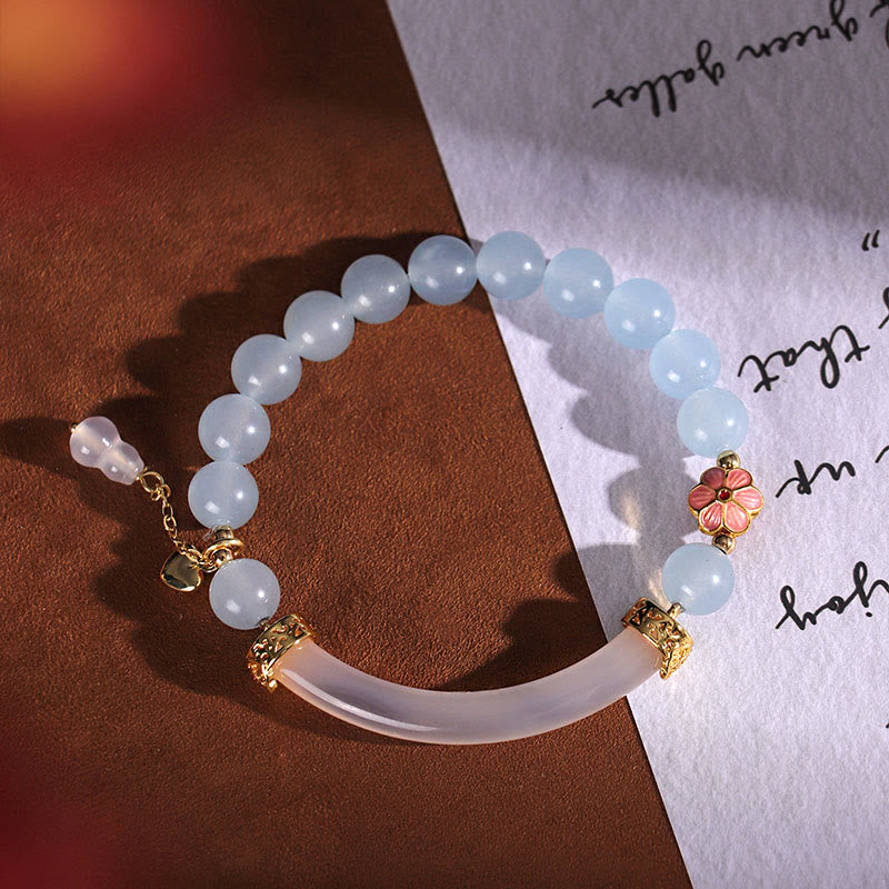 Rose Quartz & Blue Chalcedony Pearl Gemstone Bar Minimalist Cuff Bangle Bracelet