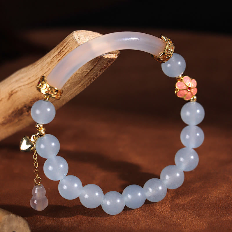 Rose Quartz & Blue Chalcedony Pearl Gemstone Bar Minimalist Cuff Bangle Bracelet