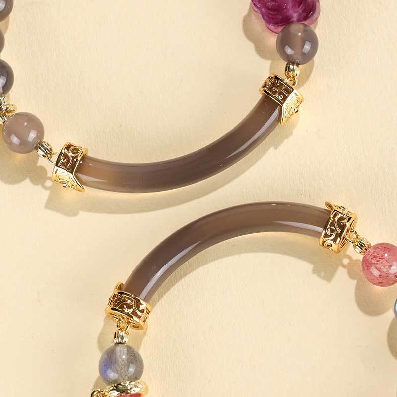 Strawberry Quartz & Labradorite Fluorite Pearl Natural Stone Open Cuff Half Bracelet Bangle