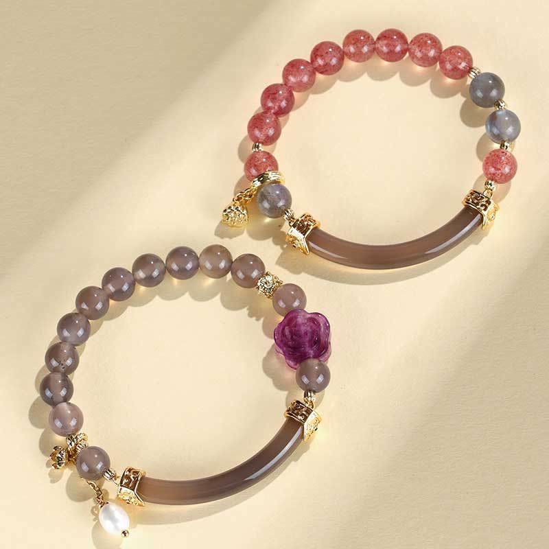 Strawberry Quartz & Labradorite Fluorite Pearl Natural Stone Open Cuff Half Bracelet Bangle