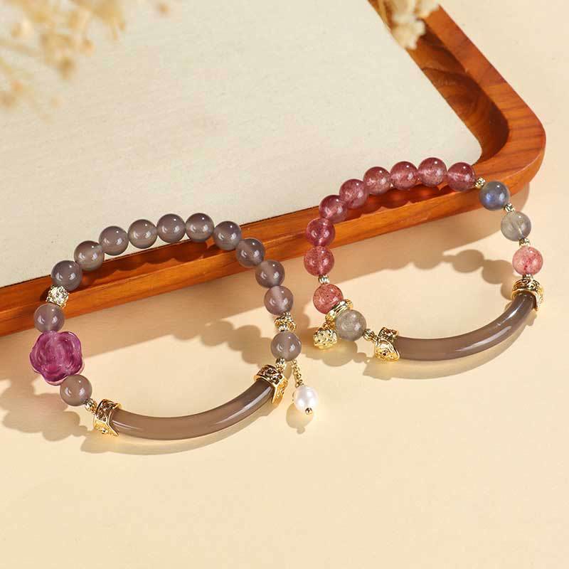 Strawberry Quartz & Labradorite Fluorite Pearl Natural Stone Open Cuff Half Bracelet Bangle