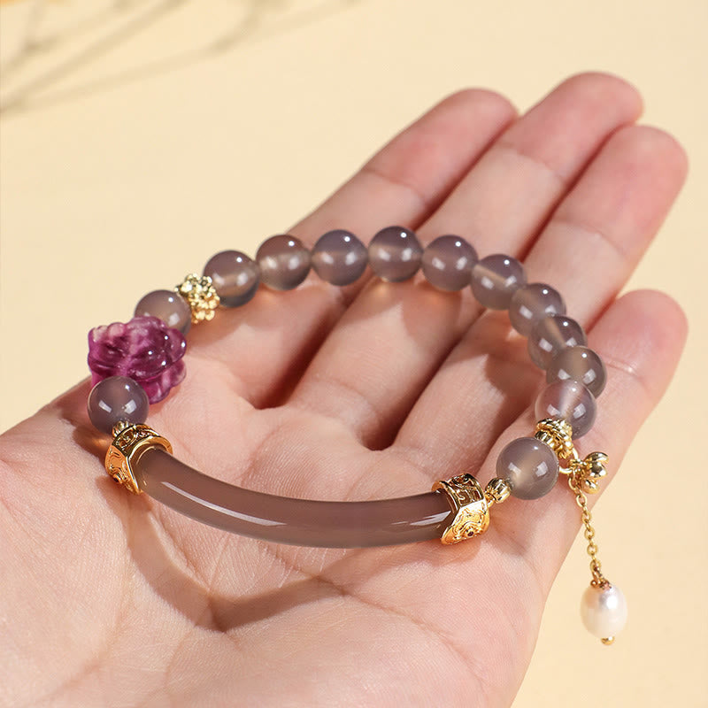 Strawberry Quartz & Labradorite Fluorite Pearl Natural Stone Open Cuff Half Bracelet Bangle