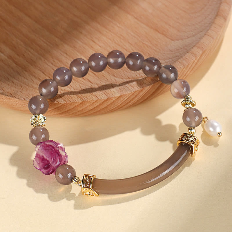 Strawberry Quartz & Labradorite Fluorite Pearl Natural Stone Open Cuff Half Bracelet Bangle