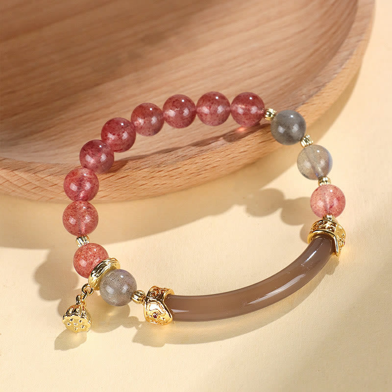 Strawberry Quartz & Labradorite Fluorite Pearl Natural Stone Open Cuff Half Bracelet Bangle