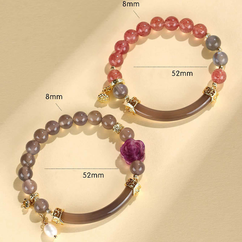 Strawberry Quartz & Labradorite Fluorite Pearl Natural Stone Open Cuff Half Bracelet Bangle