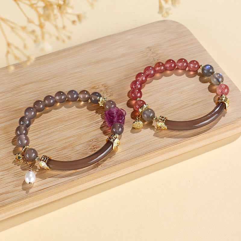 Strawberry Quartz & Labradorite Fluorite Pearl Natural Stone Open Cuff Half Bracelet Bangle