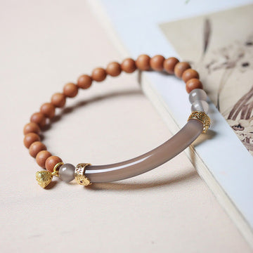 Gold Plated Sterling Silver Sandalwood & Gray Agate Chalcedony Beaded Cuff Bracelet