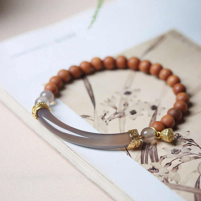 Gold Plated Sterling Silver Sandalwood & Gray Agate Chalcedony Beaded Cuff Bracelet