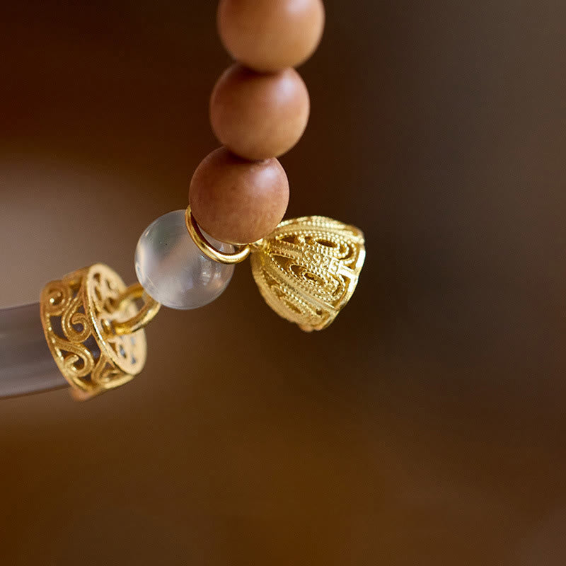 Gold Plated Sterling Silver Sandalwood & Gray Agate Chalcedony Beaded Cuff Bracelet