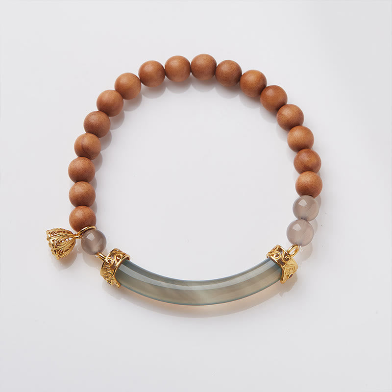 Gold Plated Sterling Silver Sandalwood & Gray Agate Chalcedony Beaded Cuff Bracelet