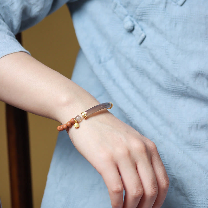 Gold Plated Sterling Silver Sandalwood & Gray Agate Chalcedony Beaded Cuff Bracelet