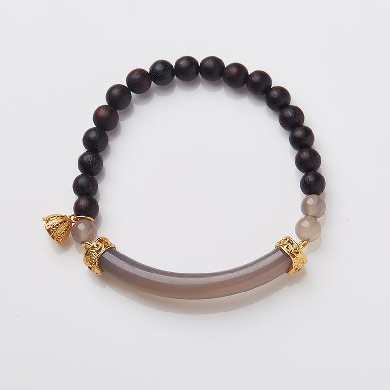 Gold Plated Sterling Silver Sandalwood & Gray Agate Chalcedony Beaded Cuff Bracelet