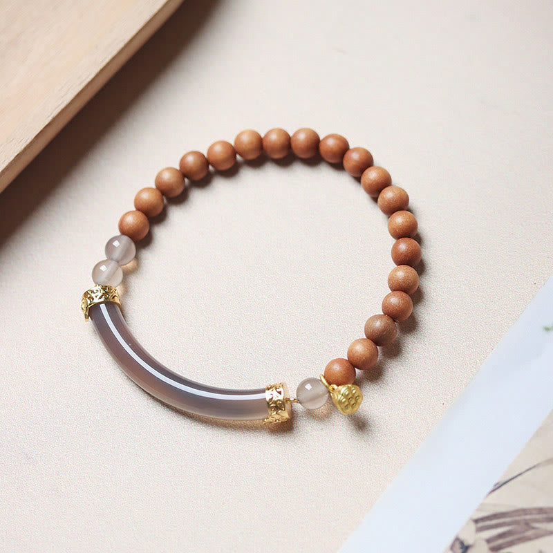 Gold Plated Sterling Silver Sandalwood & Gray Agate Chalcedony Beaded Cuff Bracelet