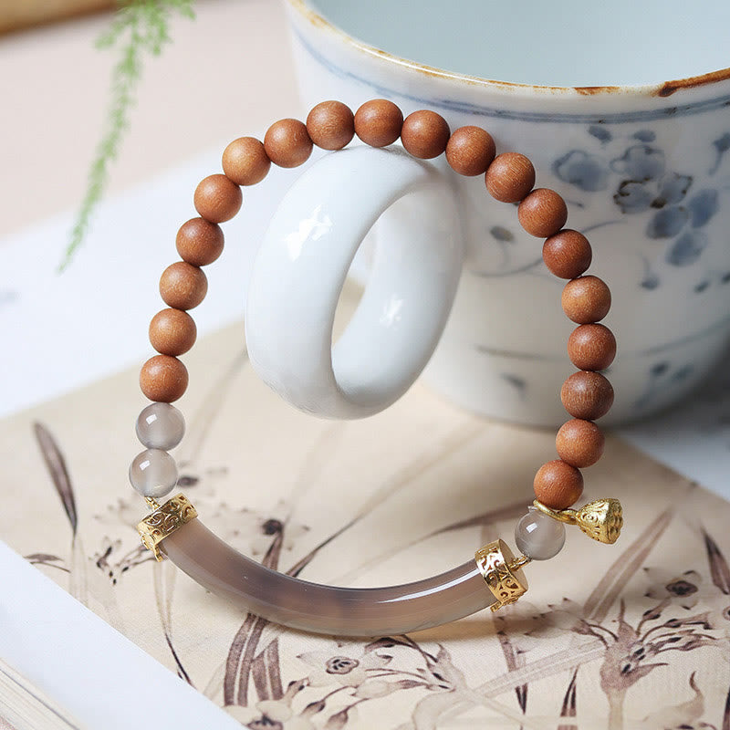 Gold Plated Sterling Silver Sandalwood & Gray Agate Chalcedony Beaded Cuff Bracelet