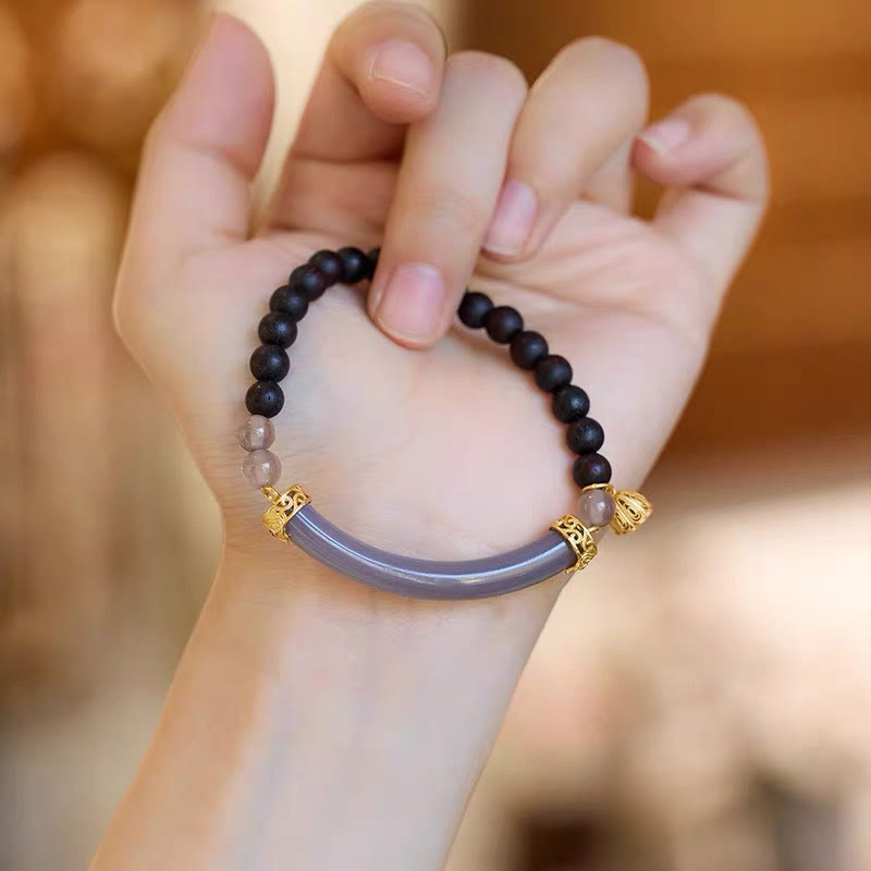 Gold Plated Sterling Silver Sandalwood & Gray Agate Chalcedony Beaded Cuff Bracelet