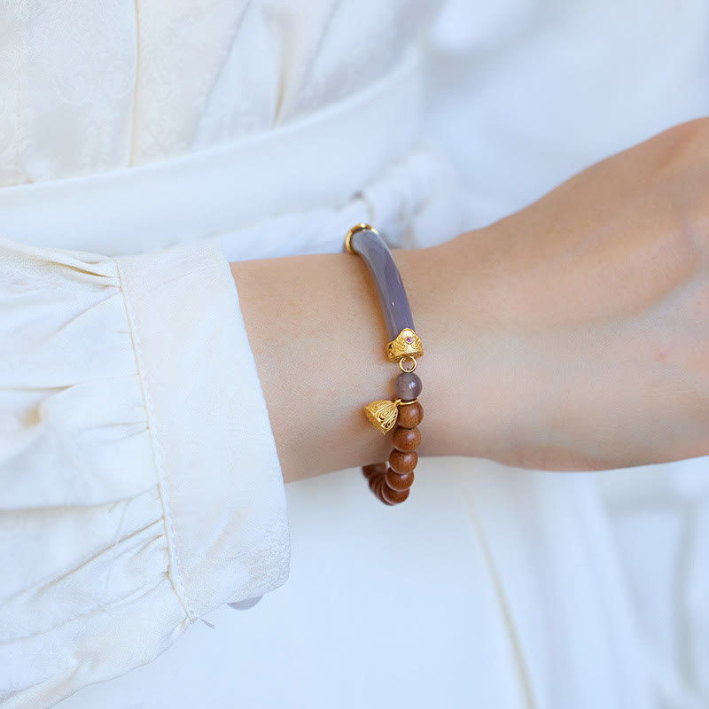 Gold Plated Sterling Silver Sandalwood & Gray Agate Chalcedony Beaded Cuff Bracelet