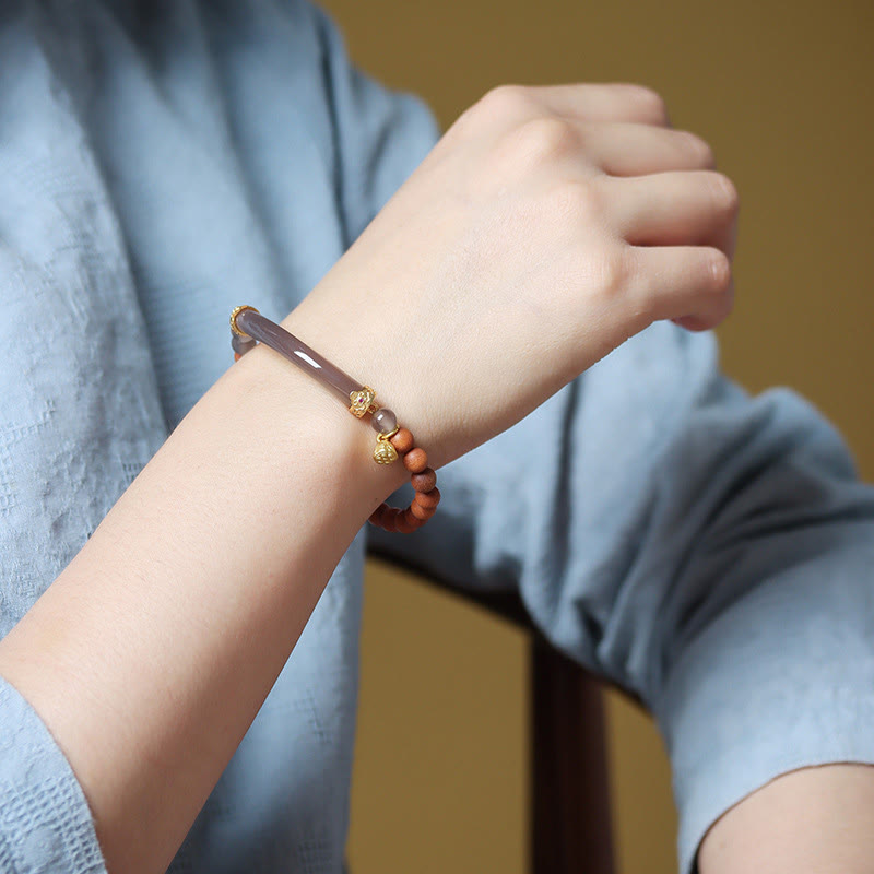 Gold Plated Sterling Silver Sandalwood & Gray Agate Chalcedony Beaded Cuff Bracelet