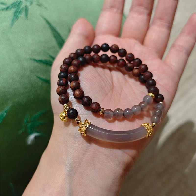 Gold Plated Sterling Silver Sandalwood & Gray Agate Chalcedony Beaded Cuff Bracelet