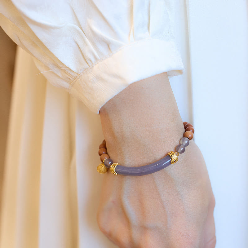 Gold Plated Sterling Silver Sandalwood & Gray Agate Chalcedony Beaded Cuff Bracelet